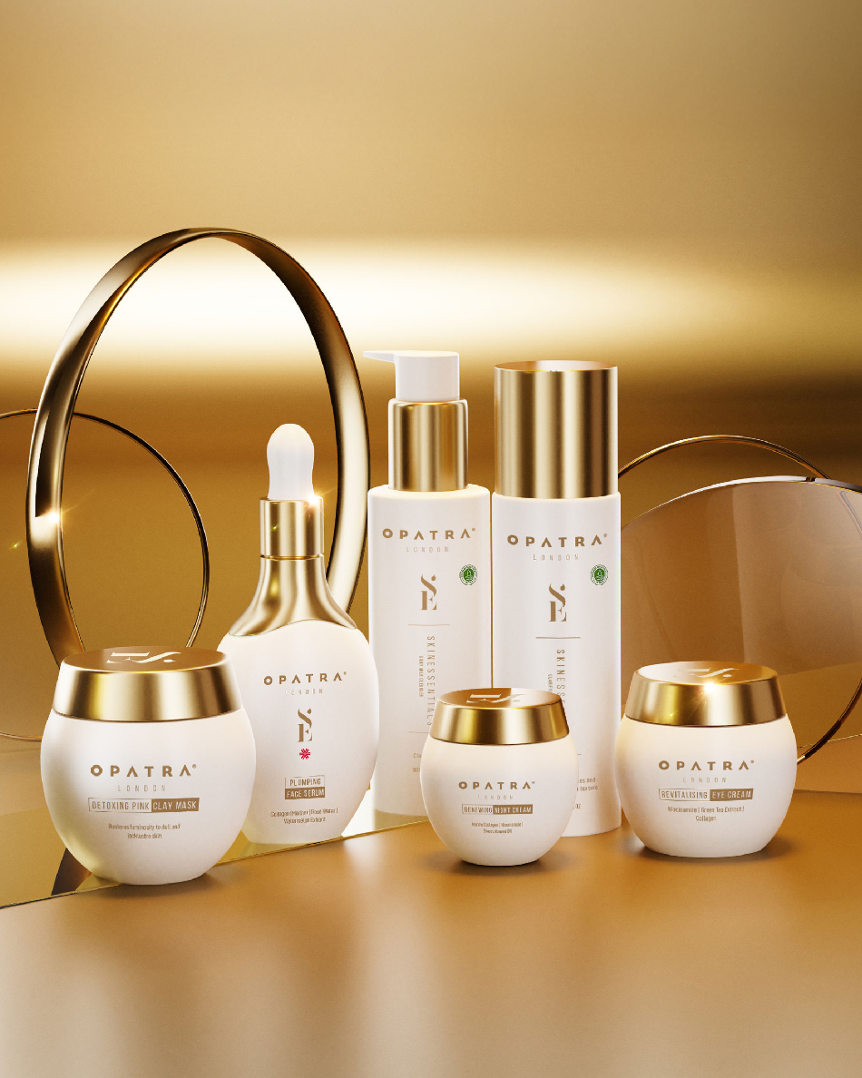 Opatra skincare products on a reflective gold surface with a mirror reflection.